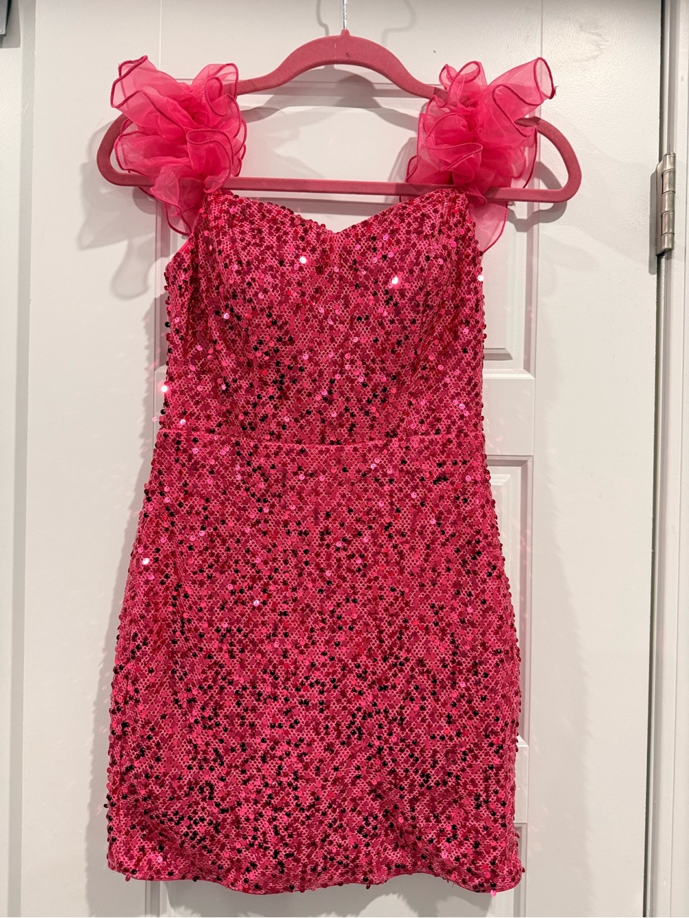 Ever Pretty Hot Pink Sequin Formal Dress with Ruffle Shoulder Straps